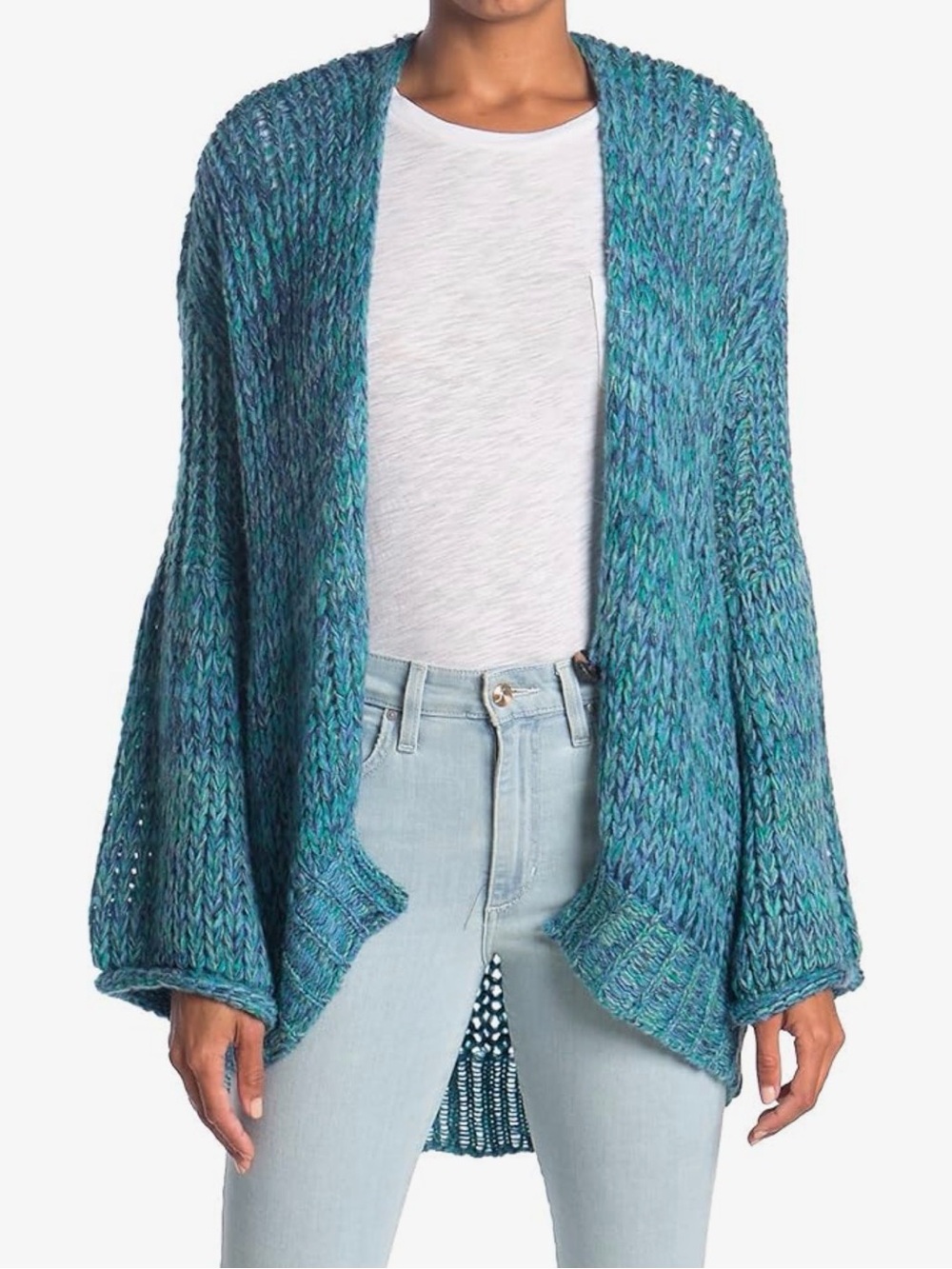 Free People Teal Marled Chunky Open Cardigan - Picture 4 of 11